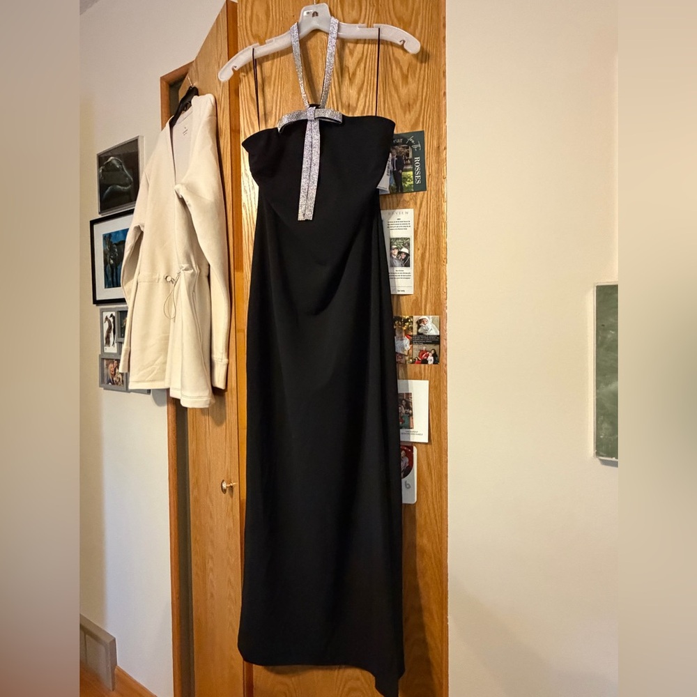 Badgley Mischka Black Strapless Midi Dress with Silver Halter Tie - Picture 6 of 11